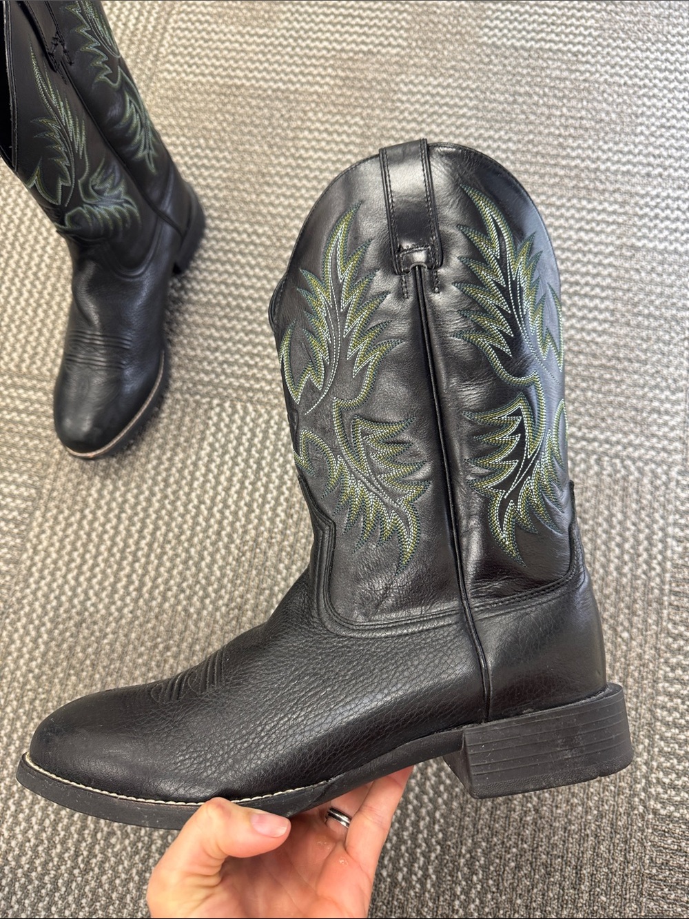 Ariat Men's Heritage Stockman Boots in Black Leather with Green Stitching, sz 11 - Picture 6 of 14